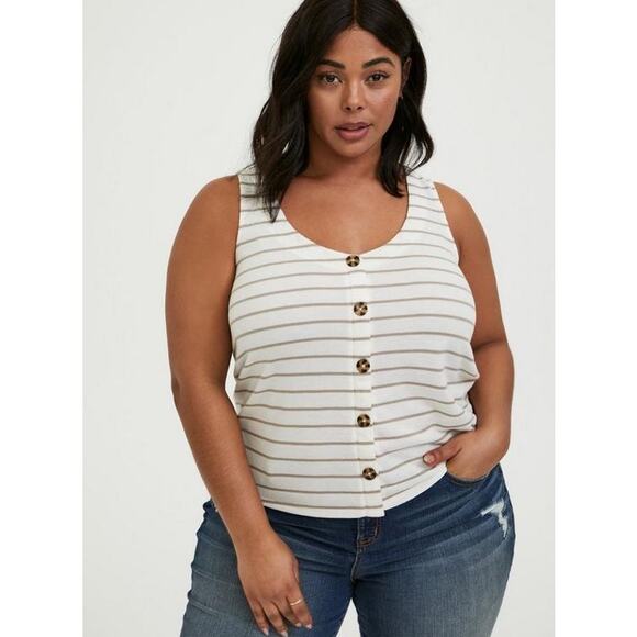 Torrid Ivory + Taupe Stripe Faux Button V Neck Tank - 4X - Picture 1 of 10